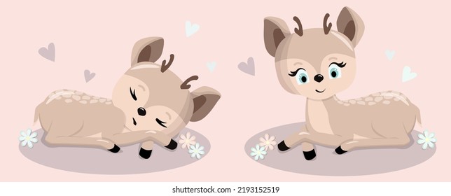 Cute Fawn. Funny Baby Deer.Set Fawn