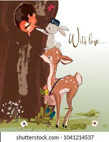 Cute Fawn And Hare With Letter