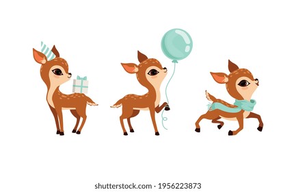 Cute Fawn Holding Toy Balloon and Carrying Gift Box Vector Set