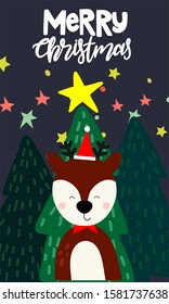 cute fawn on the background of Christmas trees and the inscription merry Christmas