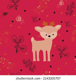 Cute fawn on a bright pink background among flowers and twigs. Vector file. Seamless patern.