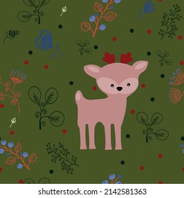 Cute fawn on a green background among flowers and twigs with leaves. Seamless patern. A vector file is useful for creating your designs.