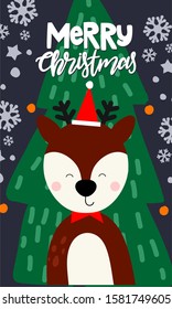 cute fawn in Santa hat, Christmas tree, snowflakes and inscription merry Christmas