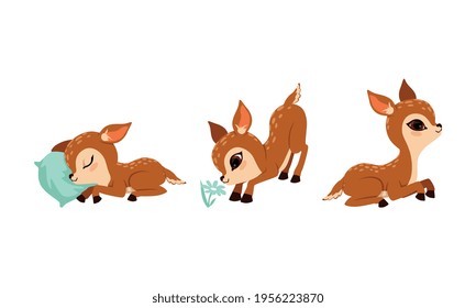 Cute Fawn Sleeping on Pillow and Smelling Flower Vector Set