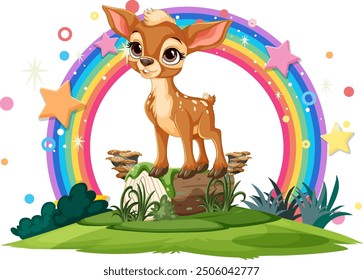 Cute fawn standing on a grassy hill