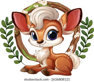 Cute fawn surrounded by flowers and leaves