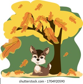 Cute Fawn under the autumn tree. Vector illustration for kids playroom.