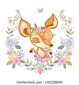 Cute fawn in a wreath of flowers. Vector.