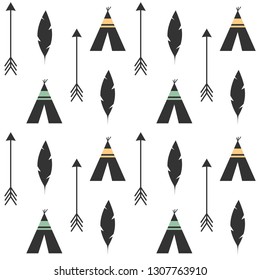 cute feathers, arrows and teepee ethnic tribal seamless vector pattern background illustration