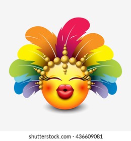 Cute feeling in love emoticon with carnival headdress isolated on white background - vector illustration