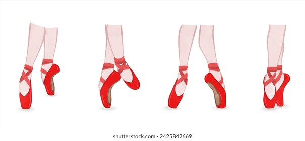 Cute feet wearing bright red pointe shoes set