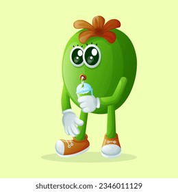 Cute Feijoa character drinking a green smoothi. Perfect for kids, merchandise and sticker, banner promotion or blog
