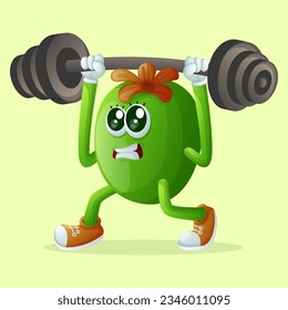 Cute Feijoa character lifting weights. Perfect for kids, merchandise and sticker, banner promotion or blog
