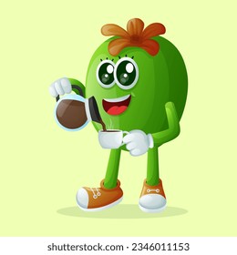 Cute Feijoa character pouring coffee. Perfect for kids, merchandise and sticker, banner promotion or blog
