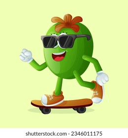 Cute Feijoa character skateboarding. Perfect for kids, merchandise and sticker, banner promotion or blog
