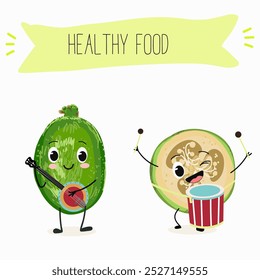 Cute  feijoa characters, funny fruits, different activities. Flat vector illustration. Organic food, healthy food, illustrations for kids menu, invitations.