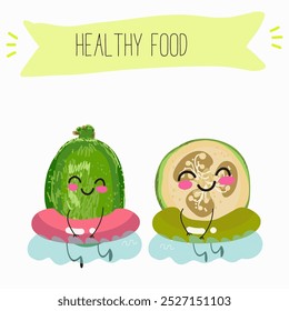 Cute  feijoa characters, funny fruits, different activities. Flat vector illustration. Organic food, healthy food, illustrations for kids menu, invitations.