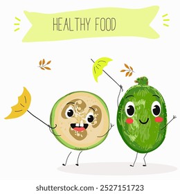 Cute  feijoa characters, funny fruits, different activities. Flat vector illustration. Organic food, healthy food, illustrations for kids menu, invitations.