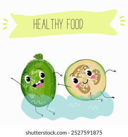 Cute  feijoa characters, funny fruits, different activities. Flat vector illustration. Organic food, healthy food, illustrations for kids menu, invitations.