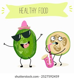 Cute  feijoa characters, funny fruits, different activities. Flat vector illustration. Organic food, healthy food, illustrations for kids menu, invitations.