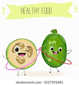 Cute  feijoa characters, funny fruits, different activities. Flat vector illustration. Organic food, healthy food, illustrations for kids menu, invitations.