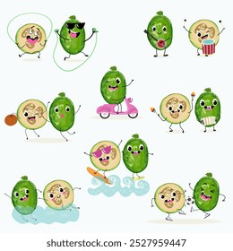 Cute  feijoa fruit characters set, collection. Flat vector illustration. Activities, playing musical instruments, sports, funny fruits.