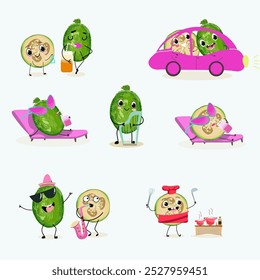 Conjunto de lindos personajes de frutas feijoa, colección. Ilustración vectorial plana. Actividades, tocar instrumentos musicales, deportes, frutas divertidas.