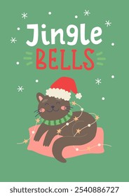 Cute feline with Santa hat laying on a pillow. Christmas cat card. Vector card design template