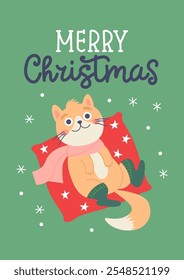 Cute feline with Santa hat laying on a pillow. Christmas cat card. Vector card design template