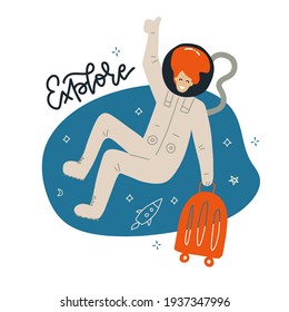 Cute female Astronaut Flying In Space with luggage bag. Space tourism concept Isolated with lettering text - Explore. Vector Flat Cartoon illustration.