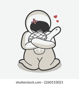 cute female astronaut hugging turtle art illustration