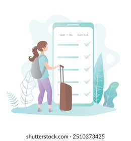 Mujer linda con la mochila y la maleta, teléfono móvil grande con el check-in en línea, estilo simple de moda, Ilustración vectorial plana