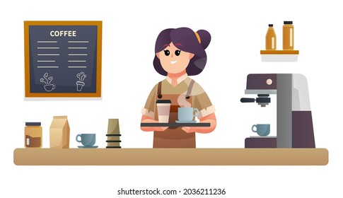 Cute female barista carrying coffee with tray at coffee shop counter illustration