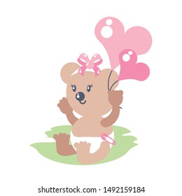 cute female bear baby with balloons helium in heart shape