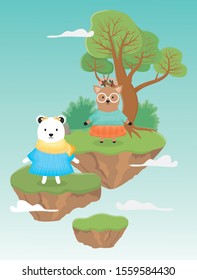 cute female bear and deer with clothes fantasy fairy tale vector illustration