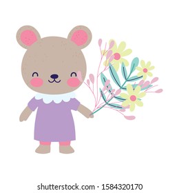 cute female bear with dress and flowers decoration vector illustration