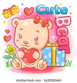 Cute Female Bear Feeling in Love with Valentines Day Gift on Isolated Background. You can Use For T-Shirt Design, Sticker and Mascot. Colorful Cartoon Illustration Vector.