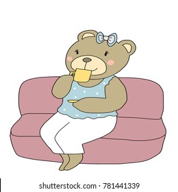 Cute female bear portrayed the character of woman sitting on sofa comfortably and drinking coffee. Vector illustration with hand-drawn style.