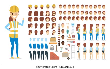 Cute female builder character in uniform set for animation with various views, hairstyles, face emotions, poses and equipment. Isolated vector illustration