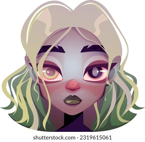 Cute female cartoon character with blonde and green hair and heterachromia eyes . sad girl face