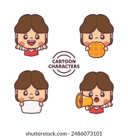 cute female cartoon character design with different poses and expressions. vector illustration in outline style