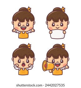 cute female cartoon characters with different expressions. vector illustration in outline style
