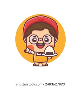 Cute female cartoon mascot character with japanese food onigiri. vector illustration in outline style