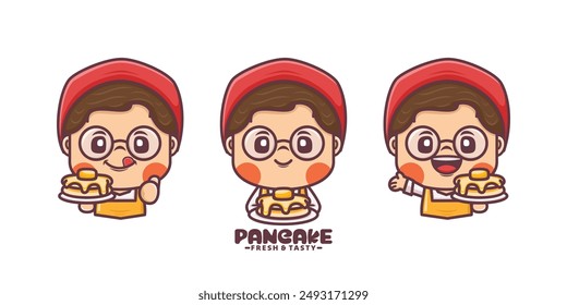 cute female cartoon mascot with pancake, cartoon illustrations with various poses and expressions, for culinary businesses, brand logos, stickers, cartoon identities, stickers, icons, etc.