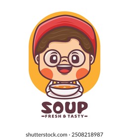 Cute female cartoon mascot with soup, vector illustration for culinary business, brand logo, sticker, cartoon identity, decal, icon, etc.