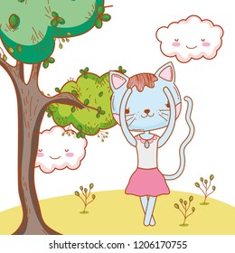 cute female cat dancing with clouds and tree