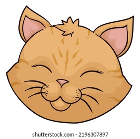 Cute female cat face with quiff, yellow and striped fur over white background.