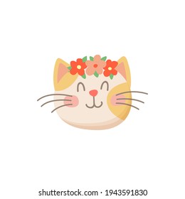 Cute female cat with flowers in head isolated kitten snout. Vector springtime kitty, avatar of domestic animal home pet, cat with closed eyes. Sleeping feline with whiskers, emoticon or emoji