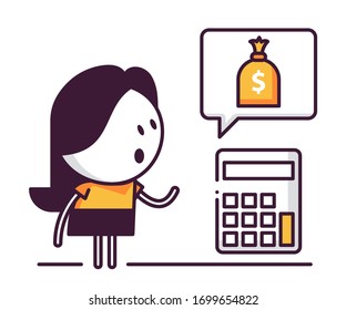 Cute female character with calculator and money bag in speech bubble. Controlling own costs.
