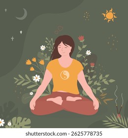 Cute female character doing yoga. Calm woman doing lotus asana pose and meditating. Floral elements, flowers and leaves on background. Mental health, spiritual healing of mind with meditation. vector